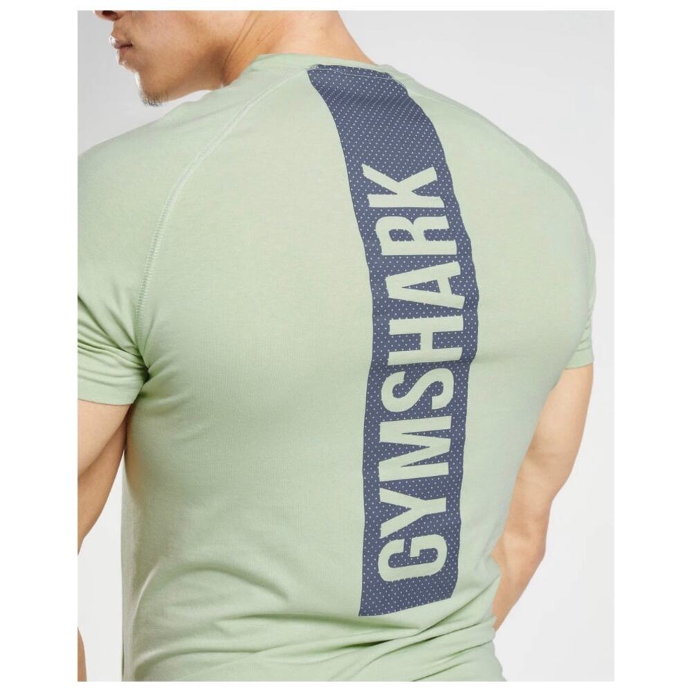 Gymshark Small Green Athletic T-Shirt Performance Training Gym Logo Back Stripe